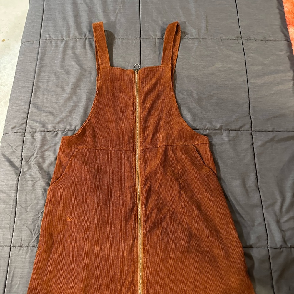 Rust Brown Corduroy Pinafore Dress with Front Zip